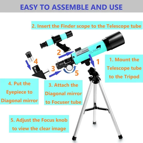 Miniatura 5 de Telescopio refractor con alcance buscador para niños y principiantes en astronomía, telescopio de viaje con 3 oculares de aumento 18X - 135X