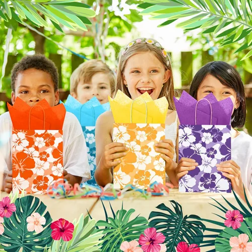 Miniatura 6 de Teling 12 Set Hibiscus Party Favor Hawaiian Themed Paper Bag with Tissues Summer Tropical Gift Tiki Luau Treat Hawaii Goodie Bags with Handles