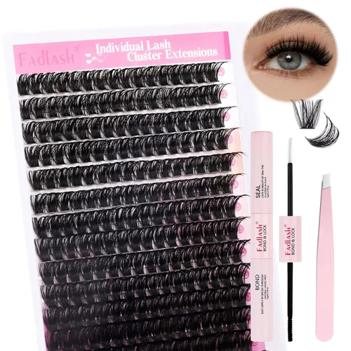 FADLASH Kit de Extensión de Pestañas DIY, Racimos de Pestañas Voluminosas y Esponjosas, Rizo D, Pestañas con Adhesivo y Sello, Pinzas para Pestañas