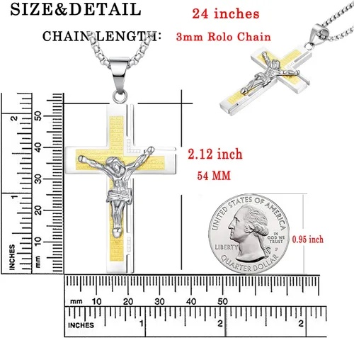 Miniatura 6 de YL Collar de cruz para hombre de acero inoxidable con colgante de crucifijo de cadena Rolo de Jesucristo, joyería de oración del Señor