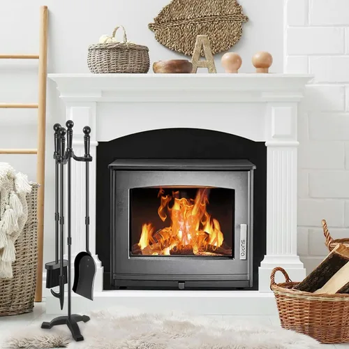 Miniatura 7 de Gtongoko Juego de herramientas para chimenea de hierro forjado, 4 piezas, para interiores y exteriores, con póquer de fuego, pala, cepillo rústico