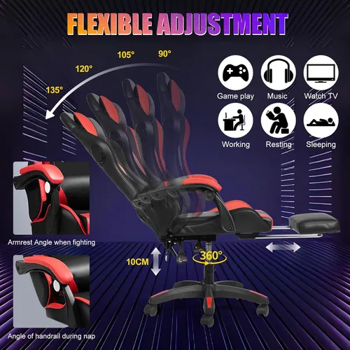 Miniatura 4 de Silla de juegos con altavoces Bluetooth y luces LED, silla ergonómica de piel sintética con reposapiés retráctil, silla giratoria de 360° con Rojo