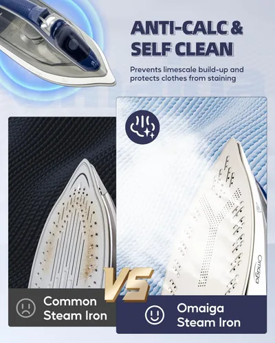 Miniatura 4 de OMAIGA Plancha de vapor para ropa, plancha de ropa de 1750 W con suela de cerámica, potente vapor, apagado automático de 3 vías, autolimpieza y Gris