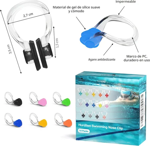 Miniatura 2 de Clip de nariz de natación, paquete de 14 tapones para la nariz con gel de sílice impermeable para niños (edad 7 +) y adultos, multicolor