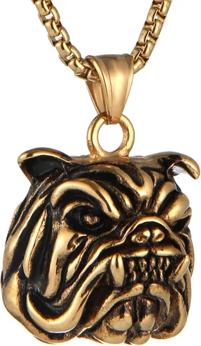 Miniatura 3 de AsAlways Colgante para mascotas de expresión feroz regalo chapado en oro collar de cabeza de bulldog de acero inoxidable 22+2 pulgadas cadena