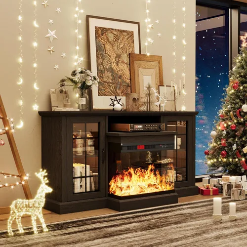 Miniatura 6 de oneinmil - Soporte de TV con chimenea de 59 pulgadas y vidrio en 3 lados para aparatos de hasta 65 pulgadas, centro de entretenimiento moderno