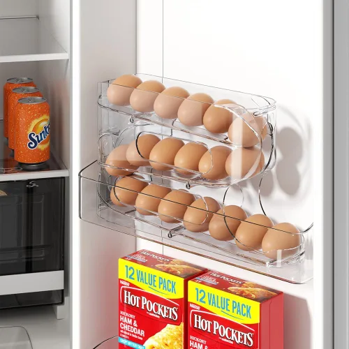 Miniatura 3 de Sotfamily Soporte transparente para huevos para refrigerador, dispensador automático de huevos para huevos, 18 unidades, diseño FIFO, rodillo
