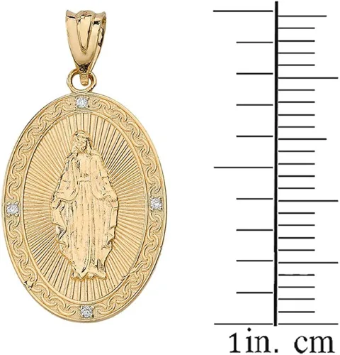 Miniatura 2 de Medalla ovalada de oro amarillo de 10 quilates con diseño de Virgen María milagrosa, colgante de diamante (1")