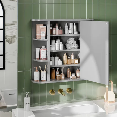 Miniatura 5 de Armario de espejo de baño montado en la pared, botiquín con espejo y 6 estantes abiertos, gabinetes de pared de baño modernos para medicamentos, gris