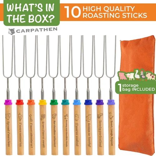 Miniatura 6 de CARPATHEN Juego de 10 palitos para asar malvaviscos con asas bellamente grabadas, perfectas como regalo, brochetas telescópicas de acero inoxidable