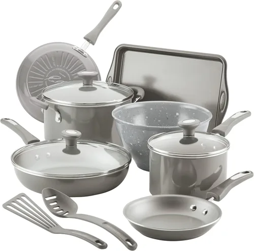 Rachael Ray Get Cooking! Juego de ollas y sartenes antiadherentes, incluye bandeja para hornear y herramientas de cocina, 12 piezas, color gris