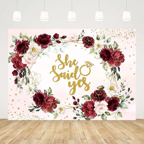 Miniatura 2 de SENDY Telón de fondo floral burdeos de 7 x 5 pies con texto en inglés "She Said Yes" para despedida de soltera, boda, aniversario, fotografía, fondo