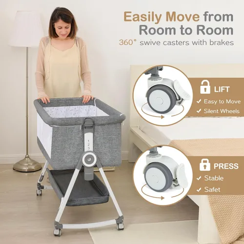 Miniatura 2 de Cuna para bebé, moisés junto a la cama, 4 en 1 con ruedas con candado, mosquitero, cuna portátil plegable ajustable para recién nacido, gris