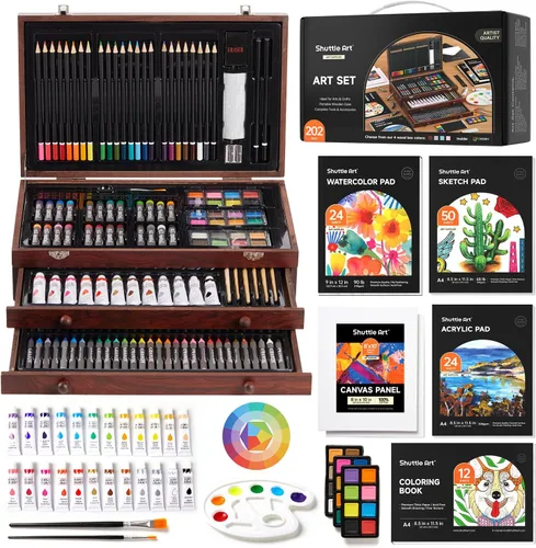 Miniatura 11 de Shuttle Art - Juego de 149 piezas de arte de lujo, suministros de arte en estuche de madera, kit de dibujo y pintura con crayones, lápices de Marrón