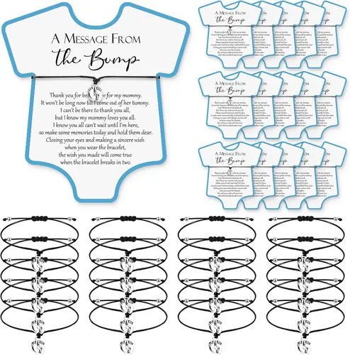 Henoyso Juego de 25 pulseras de baby shower para invitados, niños y niñas, regalos de fiesta con mensaje ajustable de The Bump Card, pulseras de Azul