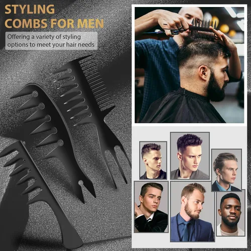 Miniatura 7 de DUAIU Juego de 3 peines para peinar el cabello para hombres, con accesorios de peluquero 3 en 1, peine con forma de hueso de cola de pez, peine