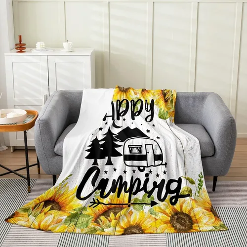 Miniatura 17 de jejeloiu Manta de cama de campamento para todas las estaciones, manta de franela de vellón con temática de campamento feliz, manta peluda de madera
