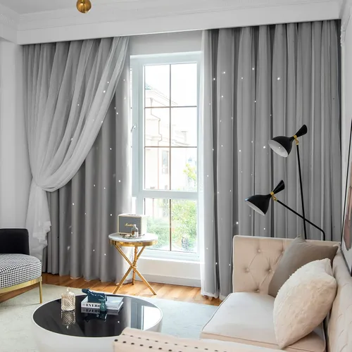 Miniatura 12 de Loyala Cortinas opacas con diseño de estrellas para dormitorio, doble capa, niños, bonitas, 84 pulgadas de largo, 1 panel, beige, 42 x 84 pulgadas