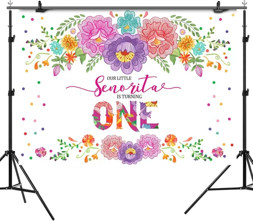 Miniatura 5 de Fondo de fiesta mexicana para el primer cumpleaños para niñas, flores, Senorita Turning One, fondo de fotografía de 7 x 5 pies, fiesta de niña