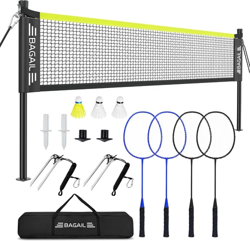 BAGAIL Juego de red de bádminton para exteriores con sistema de cabrestante anti-hundimiento, tamaño oficial de 20 pies x 5 pies, 4 raquetas, 3