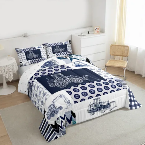 Miniatura 2 de Feelyou Juego de edredón de construcción para niños tamaño completo, juego de ropa de cama de camiones y equipos para niños, edredón de dibujos