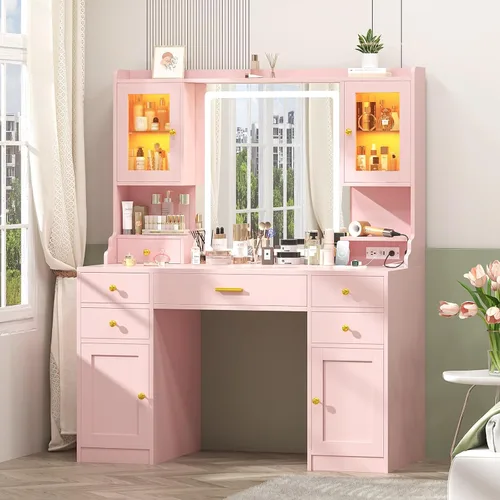 Miniatura 10 de Escritorio de tocador con espejo y luces, mesa de tocador de maquillaje blanca con estación de carga, escritorio grande con 6 cajones y 2 gabinetes