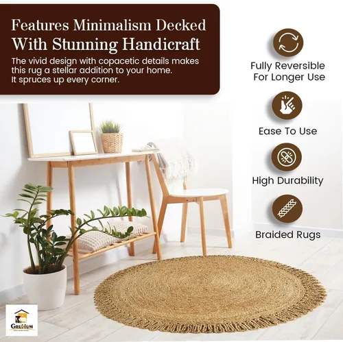 Miniatura 6 de GRUHUM - Alfombra de yute tejida a mano, de 3', fibra natural, boho, suave, trenzada, rústica, vintage, beige, reversible y ecológica para casa