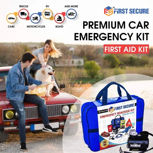 Miniatura 8 de Kit de emergencia para automóvil con compresor de aire, cables de puente, primeros auxilios, correa de remolque, medidor de neumáticos, faro Azul
