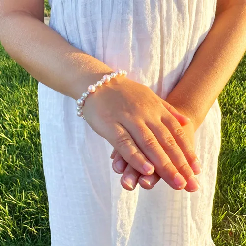 Miniatura 6 de Baby Crystals Bonitas pulseras de plata esterlina para niñas con perlas de imitación rosas y blancas, cristales europeos, joyería para niñas