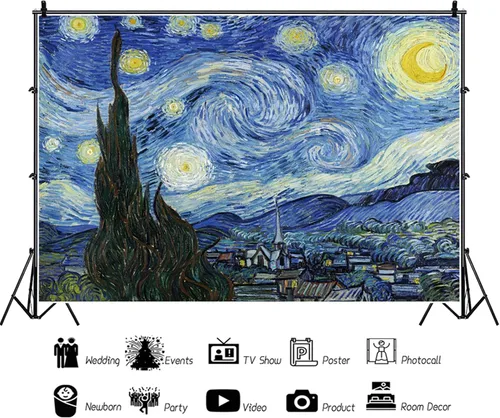 Miniatura 3 de Van Gogh Noche estrellada de 5 x 3 pies, fondo de fotografía estética de noche estrellada, pintura al óleo, arte abstracto, decoración rústica