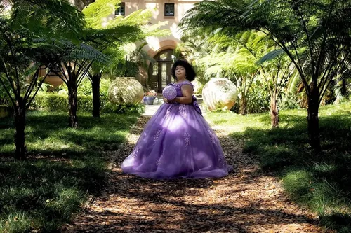 Miniatura 6 de Youjiayi Vestidos de quinceañera con hombros descubiertos, vestido de baile floral 3D Sweet 15 16, vestidos hinchados de graduación con tren YJY77