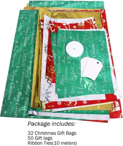 Miniatura 3 de WesGen Bolsas de regalo de Navidad, 32 bolsas de regalo de Papá Noel en 4 tamaños y 4 diseños con lazos de cinta y etiquetas para envolver