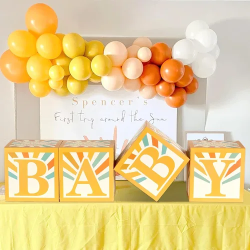 Miniatura 3 de Here Comes The Son Baby Shower Decoraciones Niños Boho Baby Boxes- 4 piezas Retro Sun Baby Blocks Here Comes The Son Party Supplies