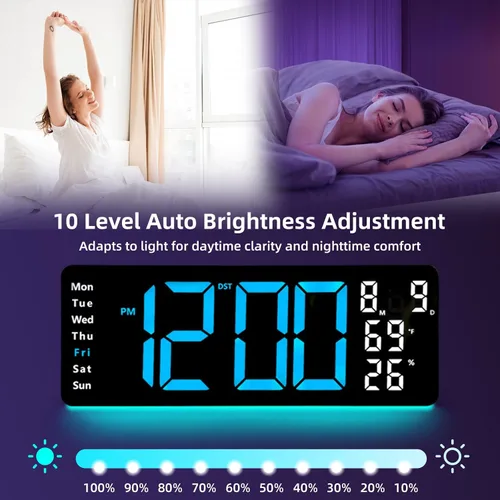 Miniatura 3 de Reloj de pared digital de 17.5 pulgadas, pantalla LED con hora, fecha, mes, temperatura y humedad, control remoto DST, alarma, temporizador, brillo