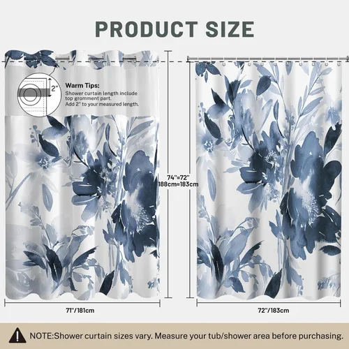 Miniatura 9 de WITHLOC - Cortina de ducha sin gancho y con forro interior impermeable de tela a presión, cortinas de tela para ducha con diseño de plantas y flores