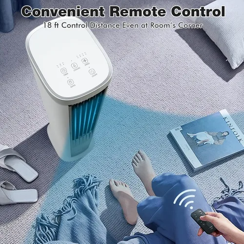 Miniatura 4 de GOFLAME Enfriador de aire evaporativo portátil, ventilador de refrigeración de aire 3 en 1 con control remoto, 4 velocidades de viento, función