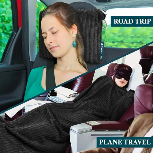 Miniatura 7 de PAVILIA Manta de viaje y almohada, suave manta de avión de forro polar acanalado con bolsa, manta compacta de avión plegable de 65 x 40 pulgadas