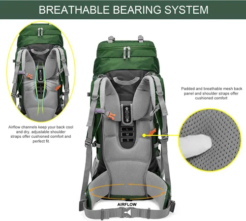 Miniatura 3 de MOUNTAINTOP Mochila de marco interno de 80L para hombre y mujer Mochila de senderismo con cubierta de lluvia Verde oscuro-80l