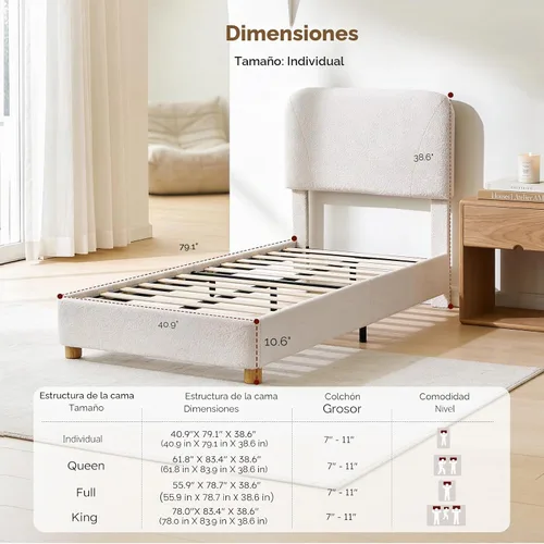 Miniatura 2 de Estructura de cama en forma de nube BERRY NEST, estructura de cama suave de bouclé con cabecero ajustable, patas de madera maciza, diseño