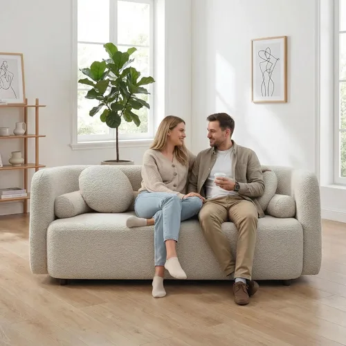 Miniatura 6 de Sofá curvado compacto de 69 pulgadas para espacios pequeños y apartamentos, sofá boucle de estilo japonés, sofá minimalista de 2 plazas con marco