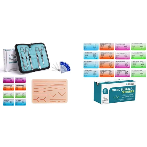 Alcedo Kit de práctica de sutura para estudiantes de medicina, juego completo (32 piezas) + hilo de sutura Alcedo con aguja, paquete de 16 (2/0,