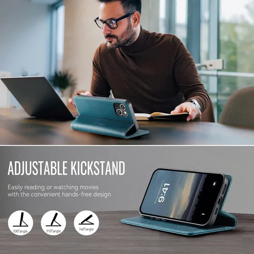 Miniatura 8 de Funda tipo cartera para iPhone 13 de piel tipo cartera con tarjetero y función atril, cierre magnético, bloqueo RFID, TPU a prueba de golpes