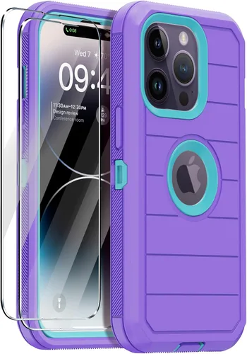 Miniatura 10 de Funda para iPhone 14 Pro con 2 protectores de pantalla, resistente protección contra caídas a prueba de golpes, cuerpo completo, 3 capas, militar