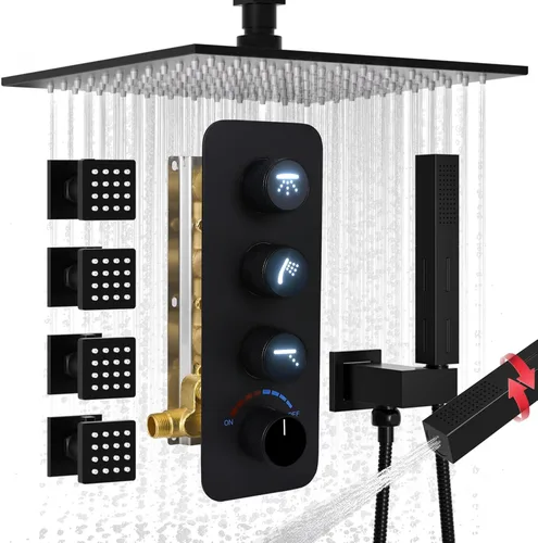 Miniatura 21 de Enga Sistema de cabezal de ducha doble, cabezal de ducha LED de lluvia de 14 x 20 pulgadas con cabezal de pared de 6 pulgadas, juego de grifo de Oro