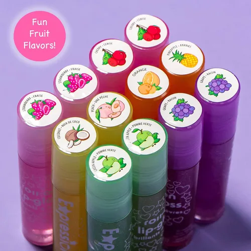 Miniatura 3 de EXPRESSIONS Juego de brillo labial enrollable de 12 piezas con mango de marabú y estuche de transporte, sabores afrutados surtidos, maquillaje