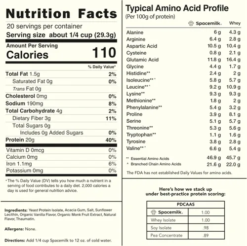 Miniatura 3 de Spacemilk Vanilla Shake - Proteína vegana en polvo, 0.71 onzas de proteína completa, PDCAAS 1.0, cero azúcar, sin alérgenos, sin lácteos, sin