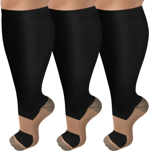 Miniatura 10 de Paquete de 3 calcetines de compresión de talla grande para mujeres y hombres, medias extra anchas de pantorrilla hasta la rodilla para soporte