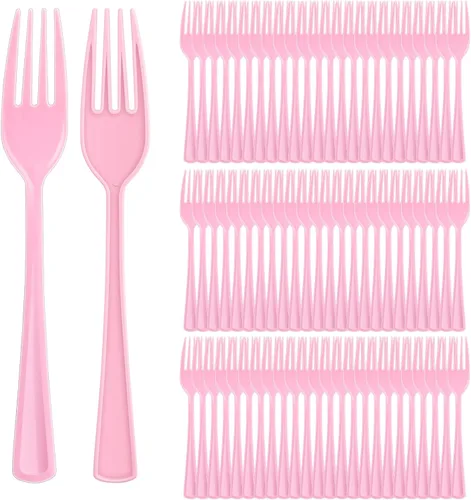 Roshtia - Juego de 100 cubiertos desechables de plástico rosa, tenedores rosados, de 7.3 pulgadas, juego de cubiertos desechables para revelación de