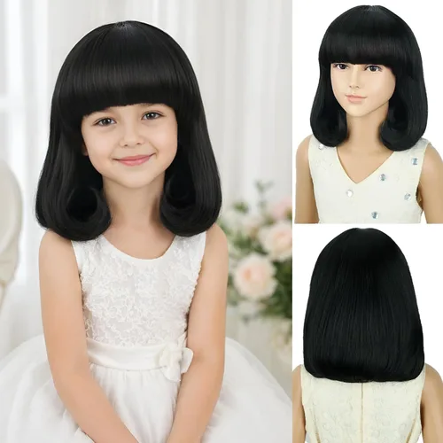 Miniatura 9 de Pelucas negras para mujeres y niñas, peluca corta y recta negra con flequillo, pelucas sintéticas resistentes al calor, para fiestas de disfraces