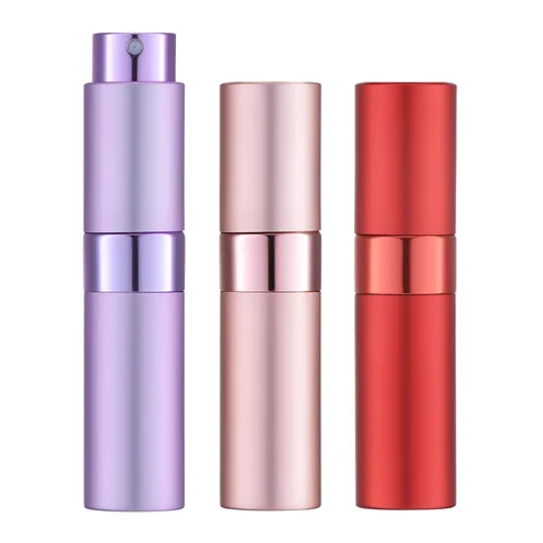 LISAPACK Botella atomizadora de perfume de 0.3 fl oz para viajes (3 piezas) dispensador de colonia vacío, rociador portátil (rojo, rosa, morado)